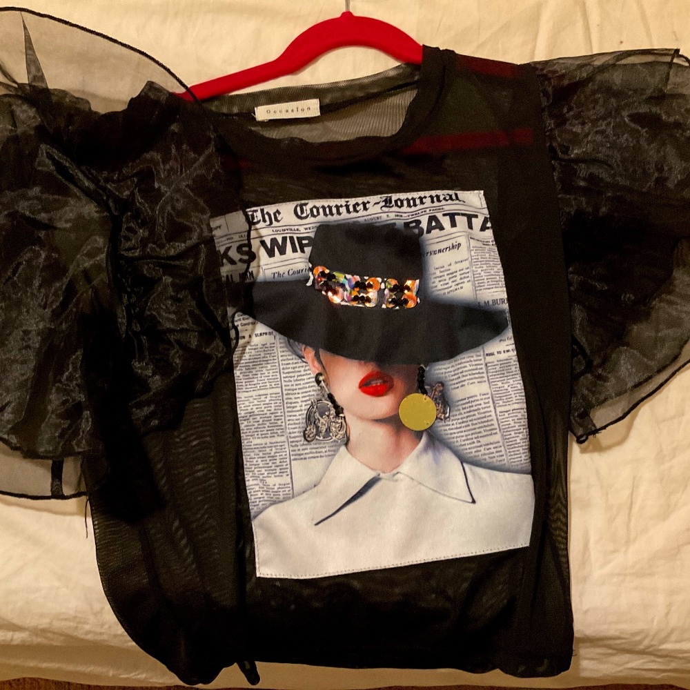 See-though puffy short sleeve black top
